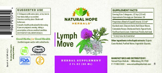 Natural Hope Herbals Lymph Move herbal supplement label, featuring a blend of herbs for lymphatic health, with suggested use and supplement facts, 2 fl oz size.