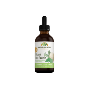 Natural Hope Herbals Brain Re-Fresh herbal supplement in a dropper bottle, designed for nervous system health, featuring a green and white label with product name and logo.