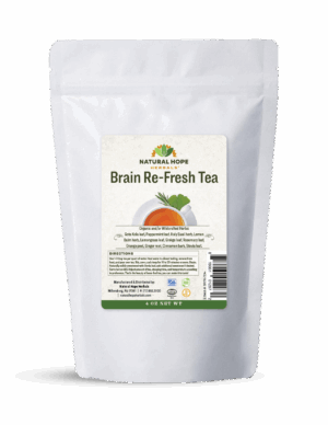 A white bag of organic brain re-fresh tea made by Natural Hope Herbals