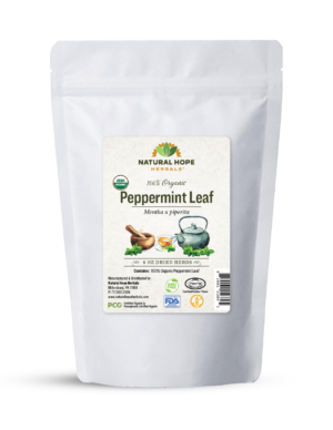 Loose leaf dried peppermint in a white bag from Natural Hope Herbas