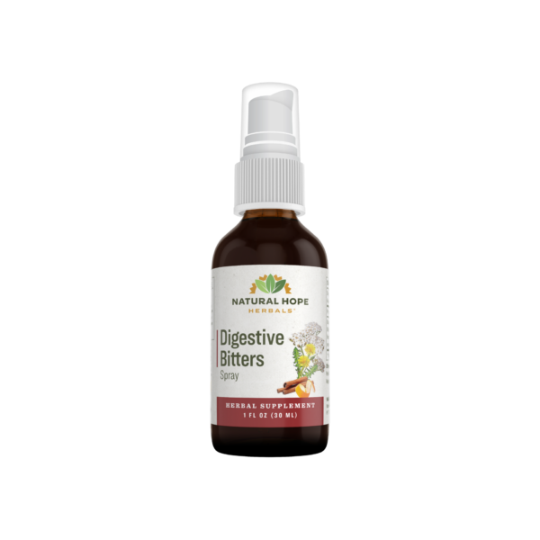 Natural Hope Herbal's Digestive Bitters in a convenient spray bottle, easy for carry on.