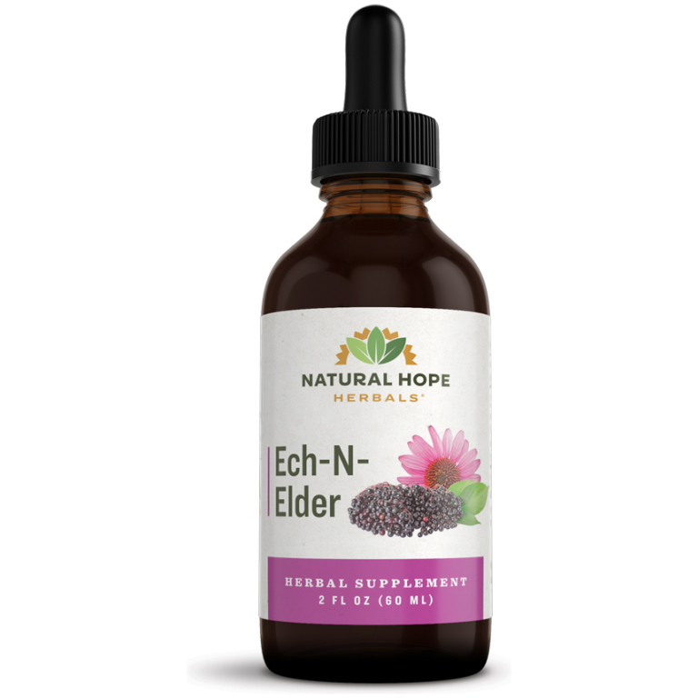 dropper bottle labeled ech-n-elder made by natural hope herbals farm to bottle herbs