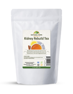 Loose leaf re-build kidney tea in a white bag from Natural Hope Herbals