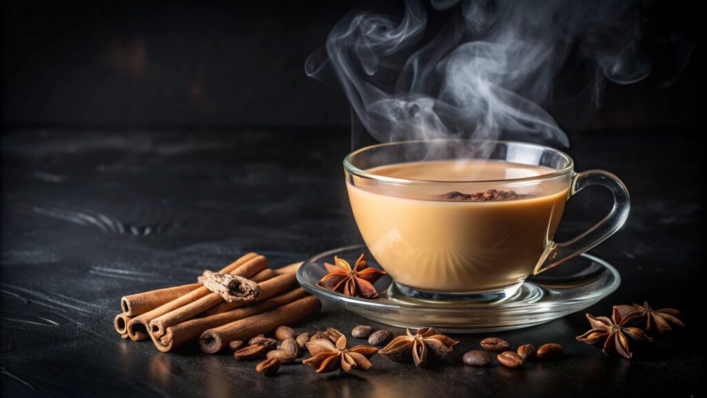 Steaming cup of Indian spiced chai with cinnamon sticks, coffee beans, and star anise on a dark surface, highlighting its comforting and health-promoting properties.
