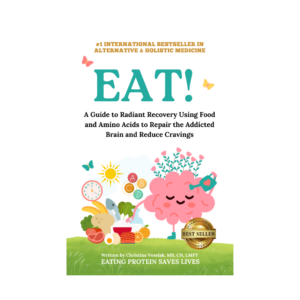 EAT! book cover by Christine Veselak, featuring colorful illustrations of food, a smiling brain, and flowers, promoting natural health and wellness.