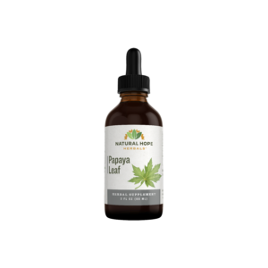Papaya Leaf tincture bottle from Natural Hope Herbals, featuring a dropper lid and a label highlighting its use as a herbal supplement for health and wellness.
