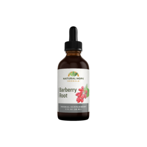 Barberry Root tincture bottle from Natural Hope Herbals, featuring a dropper top and a label highlighting its herbal supplement properties.